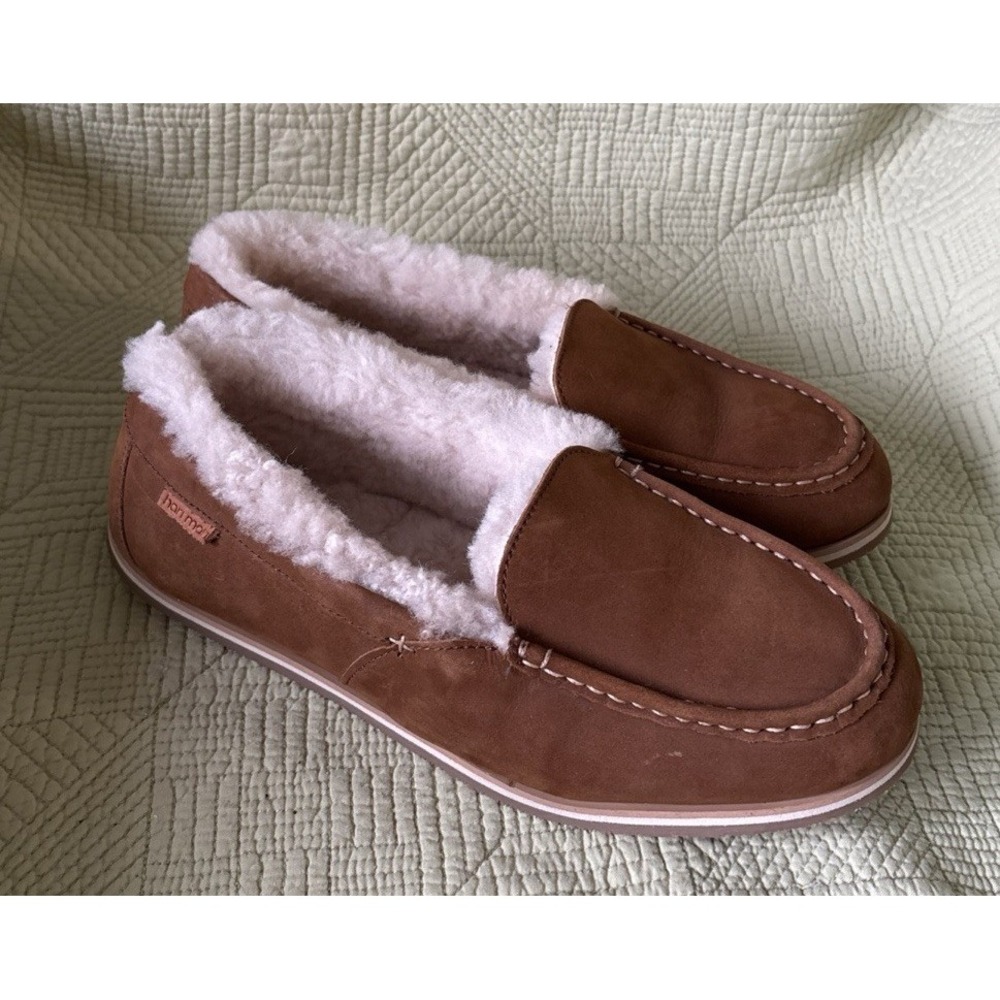 Hari Mari Women's Brown Leather Suede Slippers S9 Moccasin Fur Softest Fur Ever!